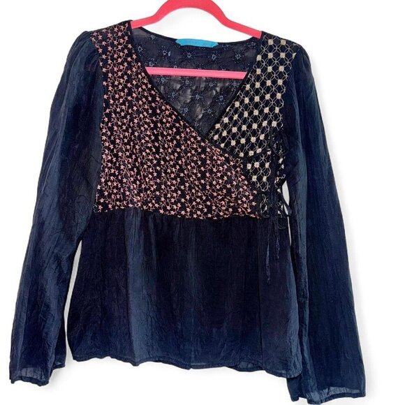 Johnny Was Vintage Boho Side Tie Blouse Orange Blue Yellow Floral Embroidery - Picture 7 of 8